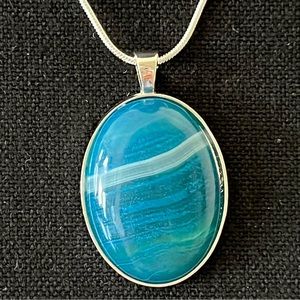 Blue Agate Pendant with Sterling Silver Snake Chain